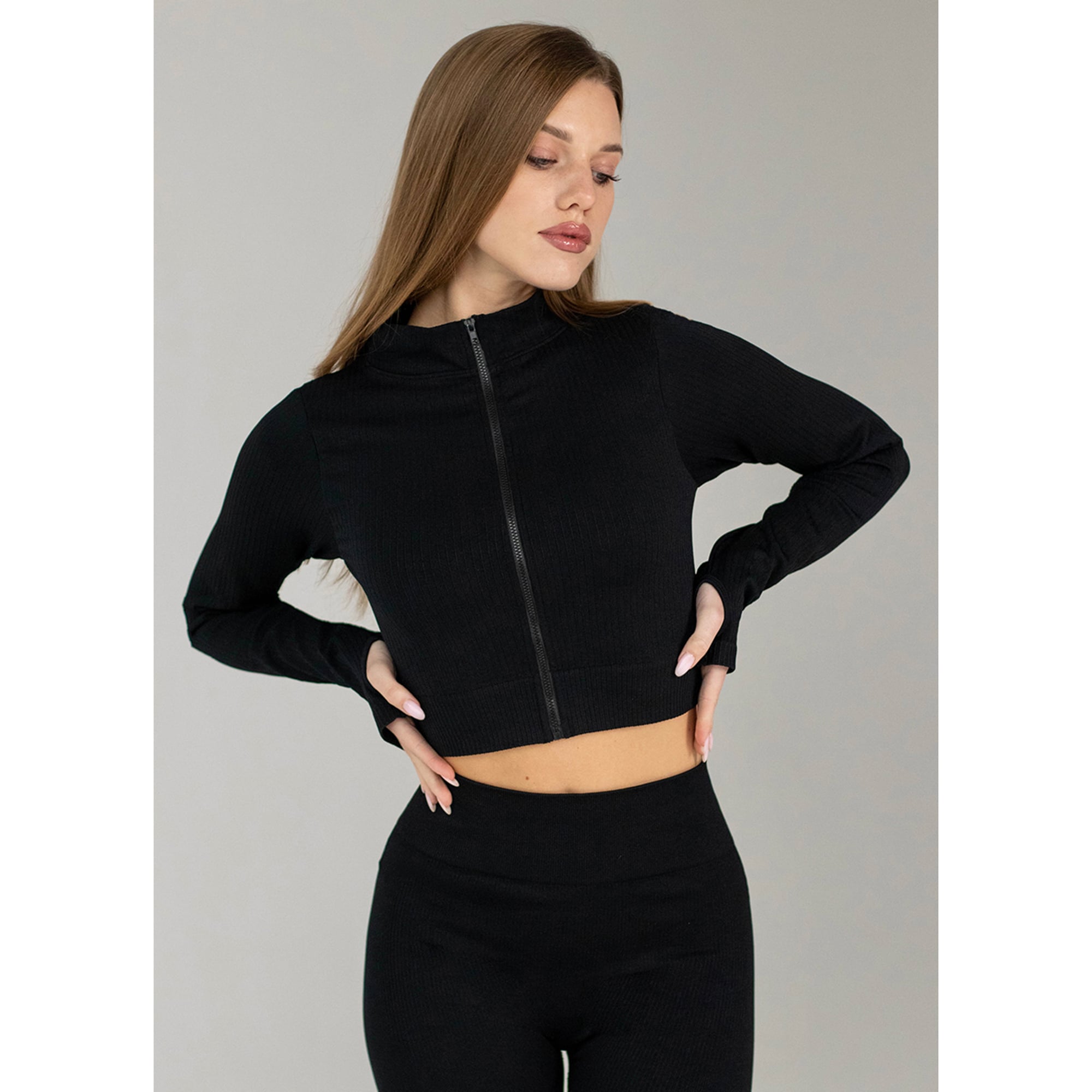 Кроп-кофта жіноча Flexit Flex Crop Zip-Up Active на блискавці з мітенками, Black, розмір M